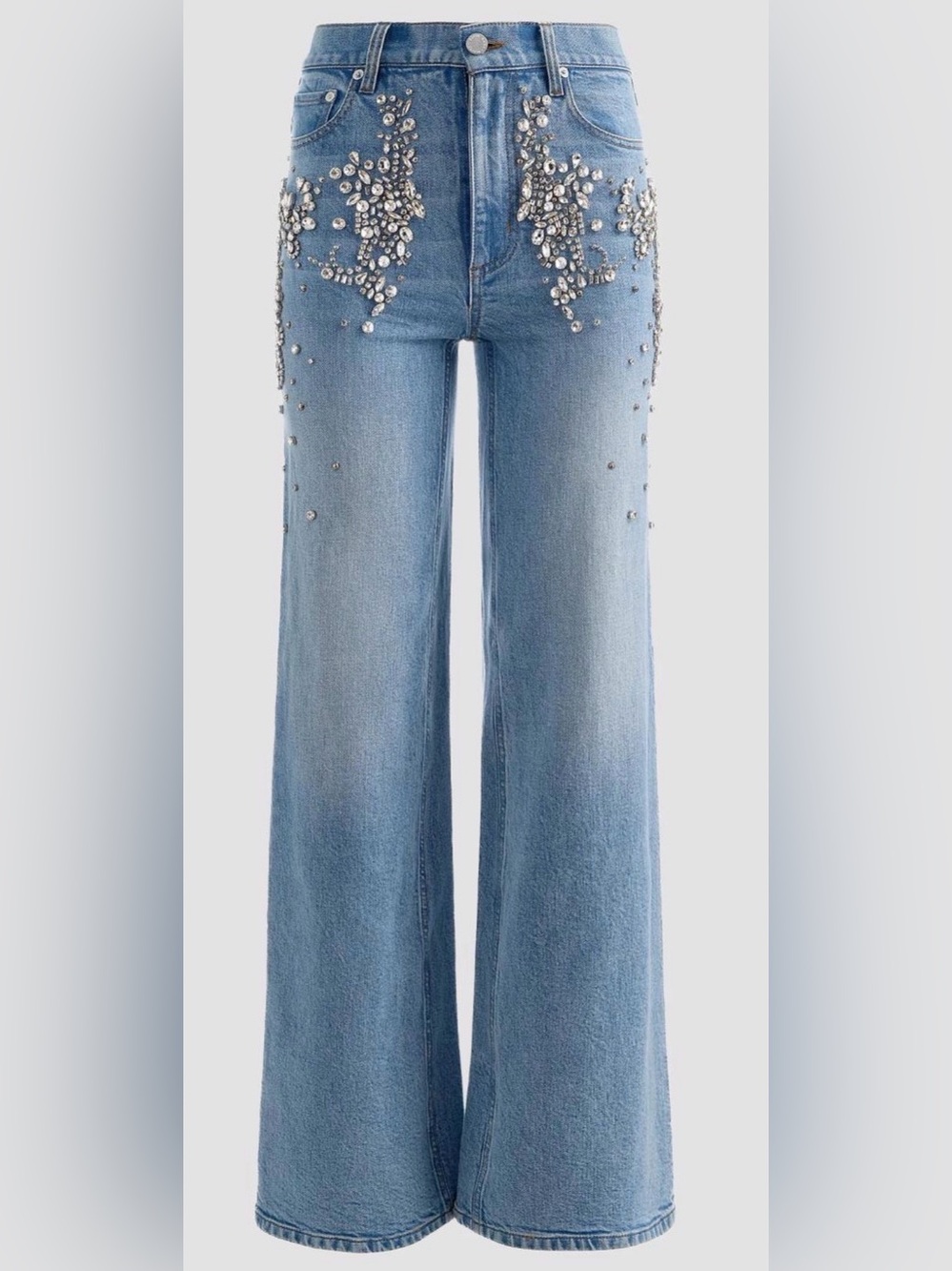 Alice + Olivia Chic Rhinestone-Embellished Wide-Leg Jeans. Size 27